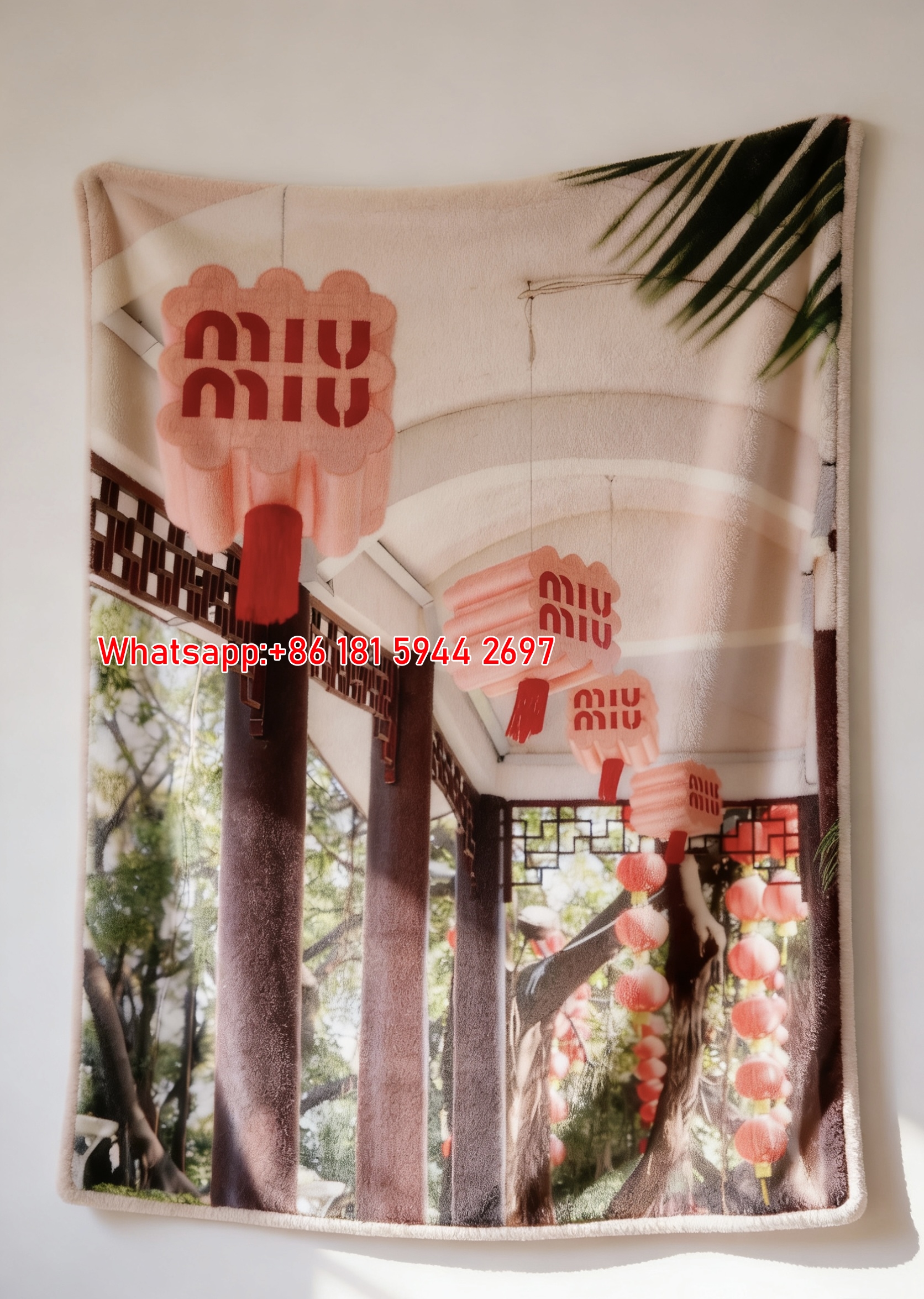 Miu Miu Soft Pink Red Lantern Print Flannel Throw Blanket IMG_0422